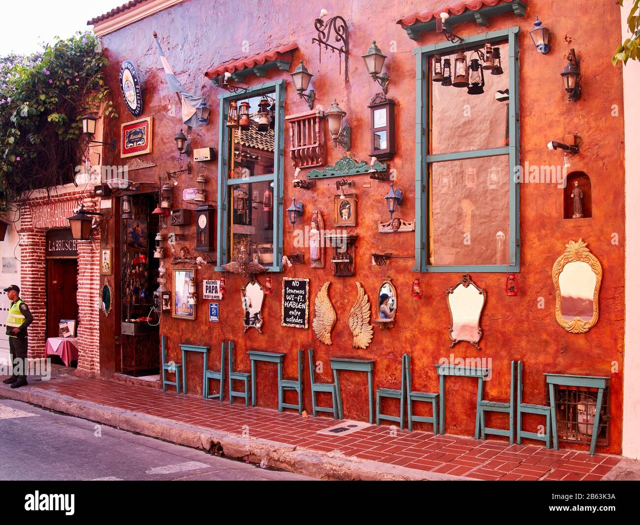 Decorative restaurant facade in daylight Cartagena, Colombia Stock Photo