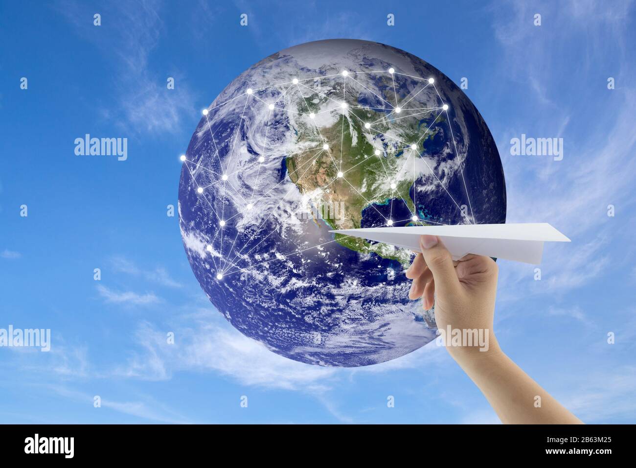 plane in hand with globe on background, Map world of flight routes  airplanes network use for global travel, import,export,logistics network  concept, E Stock Photo - Alamy