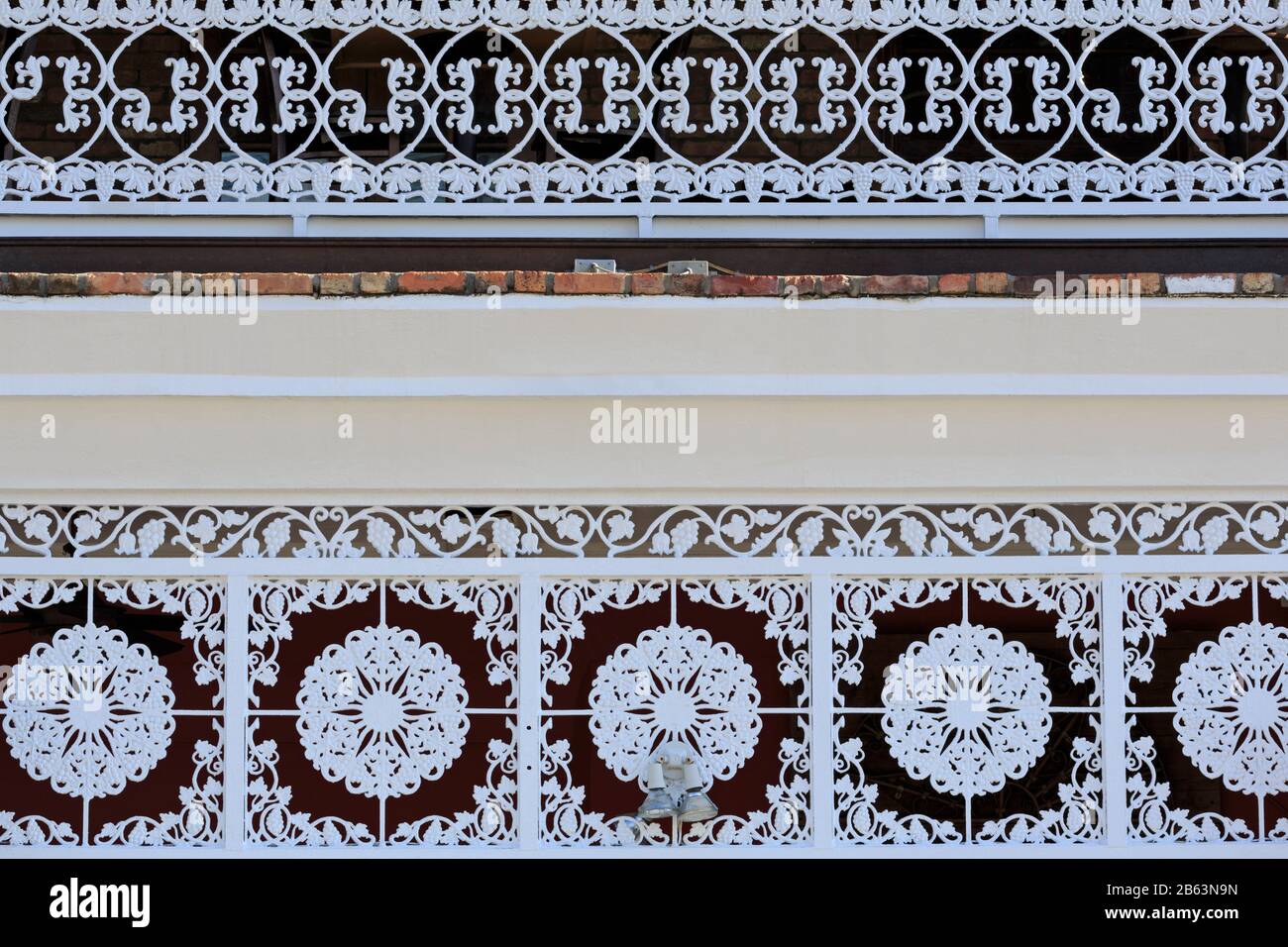 Balcony detail, Front Street, Hamilton City, Pembroke Parish, Bermuda Stock Photo