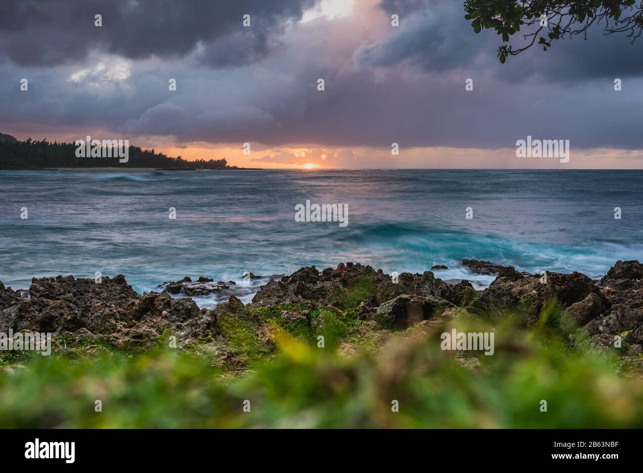 View from Turtle Bay Resort over Waikalae Beach and Turtle Bay on the North Shore of O'ahu, Hawaii Stock Photo