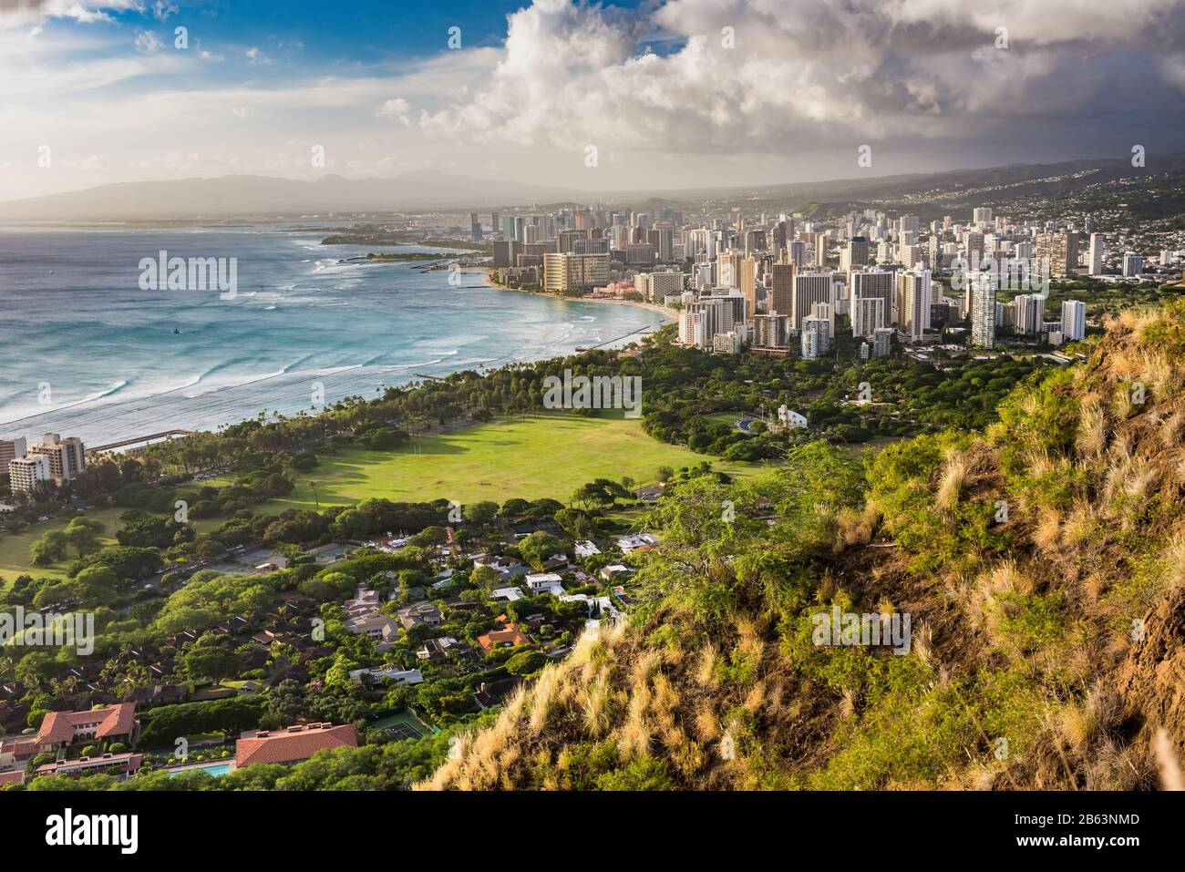 View from Diamond Head over Waikiki Beach and Honolulu on the Hawaiian