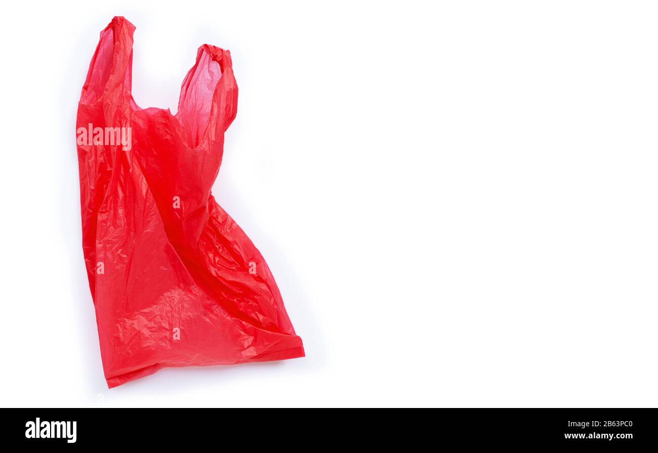 Red plastic bag on white background. Copy space Stock Photo Alamy