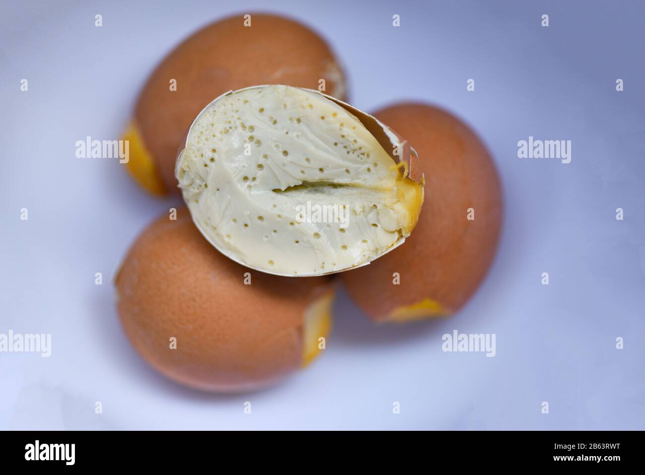Steamed eggs on egg shells on plate / Seasoning egg for grilled with