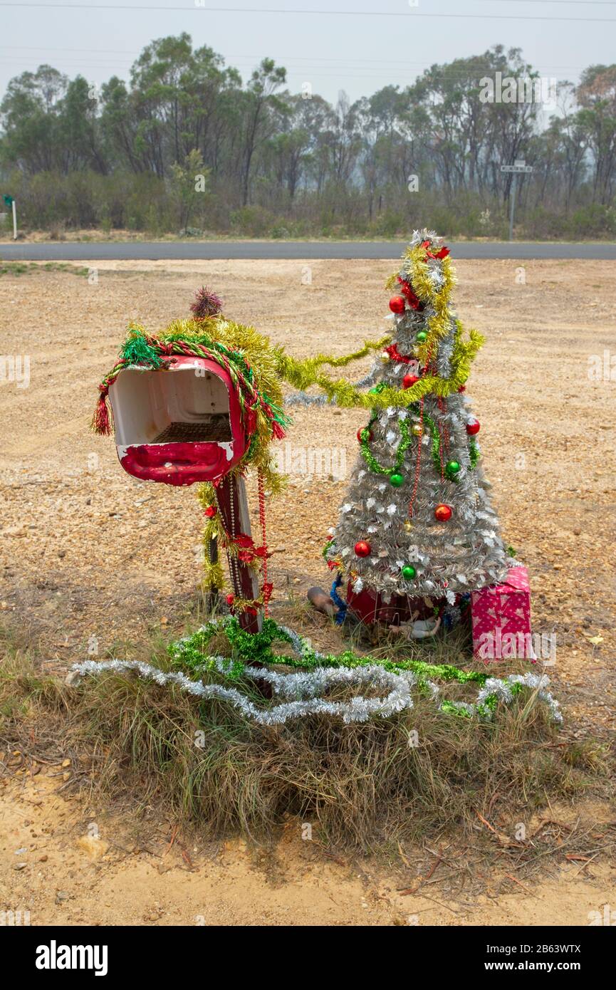 outback bush mailbox decorated for christmas at Emmaville near Glen Innes in northern new south wales, australia Stock Photo