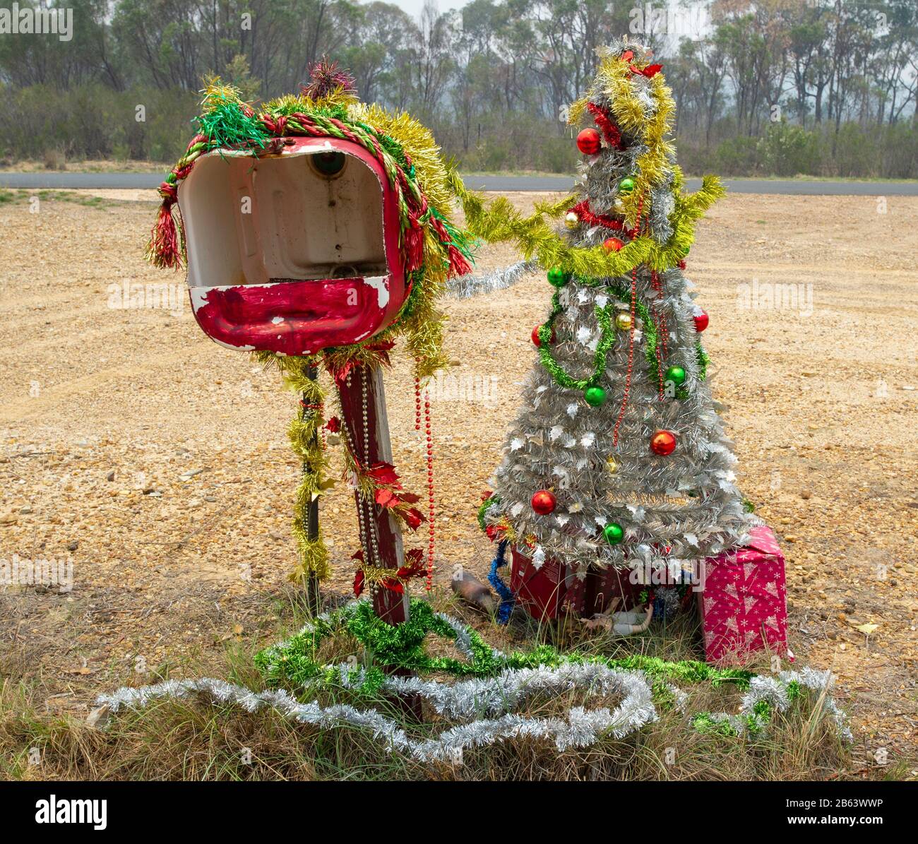 outback bush mailbox decorated for christmas at Emmaville near Glen Innes in northern new south wales, australia Stock Photo