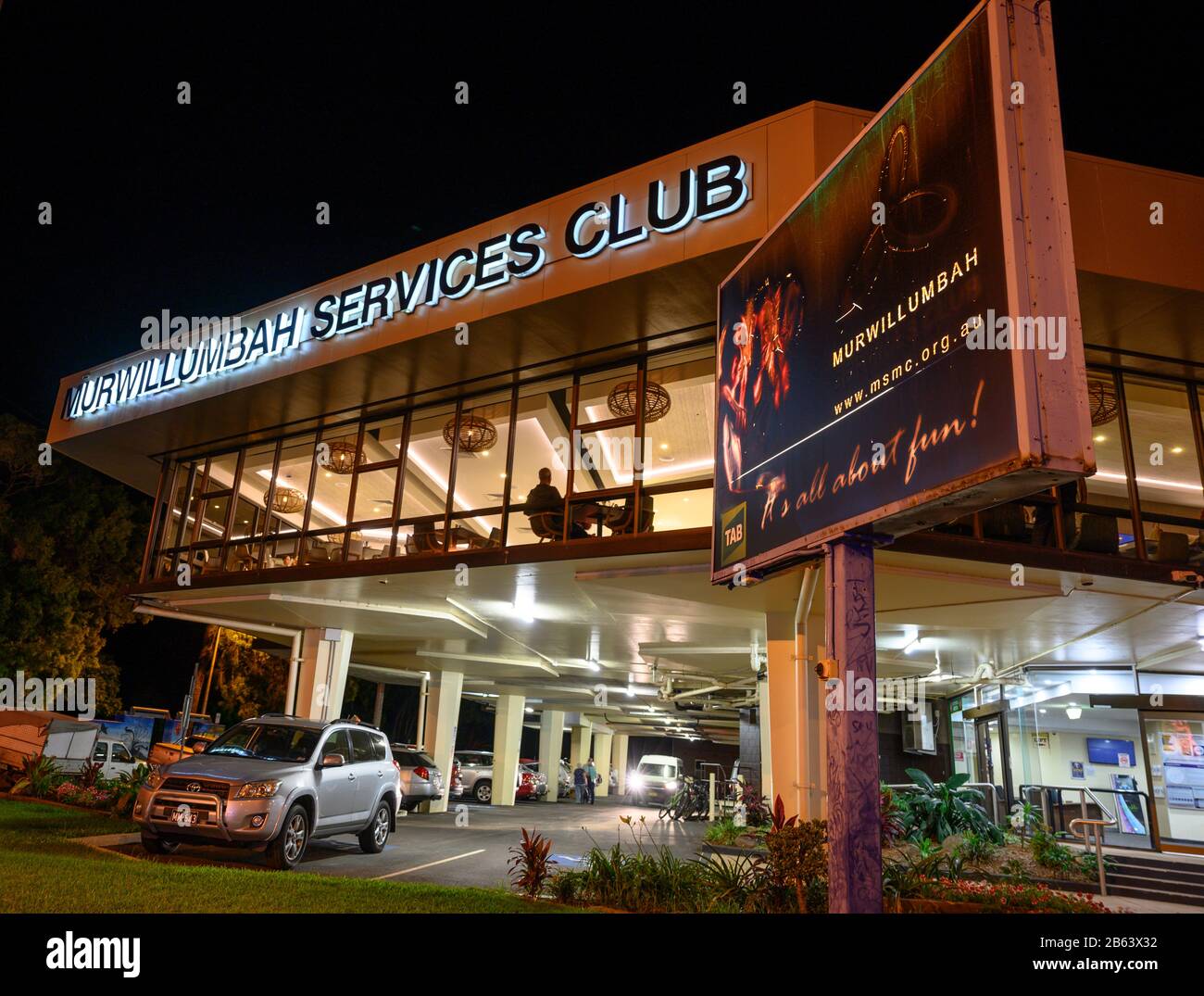 night view of the cbd in Murwillumbah in northern new south wales, australia, showing the Murwillumbah services club or RSL Stock Photo