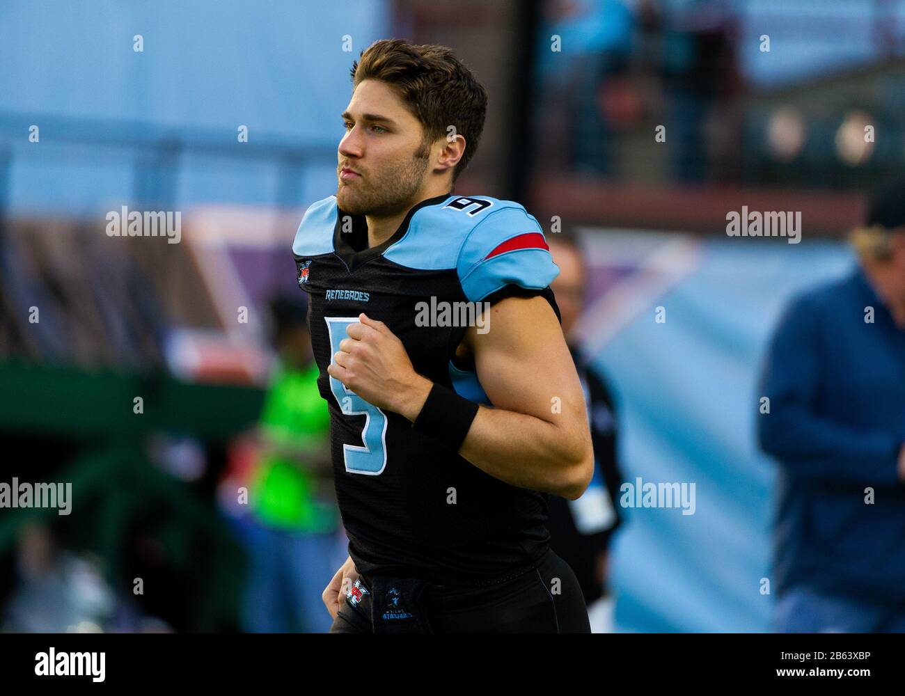 Arlington, Texas, USA. 7th Mar, 2020. Dallas Renegades quarterback Philip Nelson (9) jogs on the field before the XFL game between NY Guardians and the Dallas Renegades at Globe Life Park in Arlington, Texas. Matthew Lynch/CSM/Alamy Live News Stock Photo