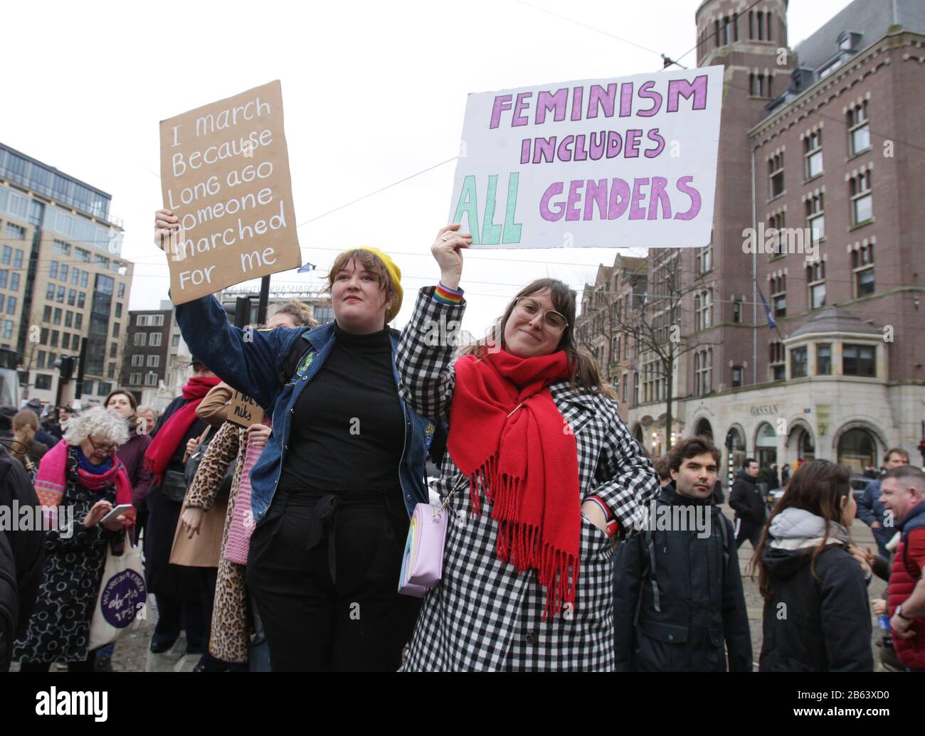 Activists and supporters take part during the Women March and rally to celebrates the International Women's Day on March 8, 2020 in Amsterdam,Netherla Stock Photo