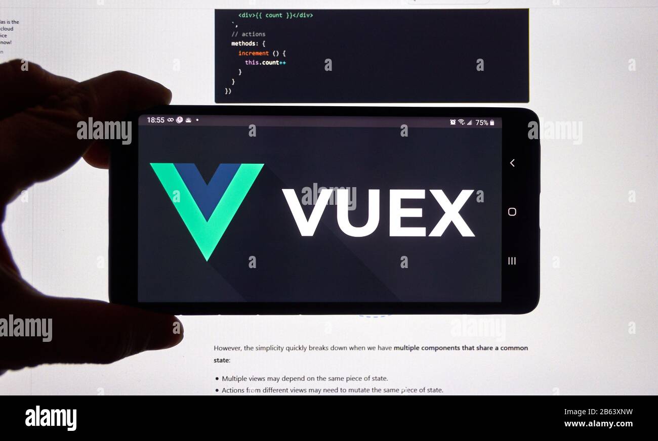 Montreal, Canada - March 08, 2020: Vuex logo on a screen of a cellphone. Vue.js is an open-source Model view JavaScript framework for building user in Stock Photo