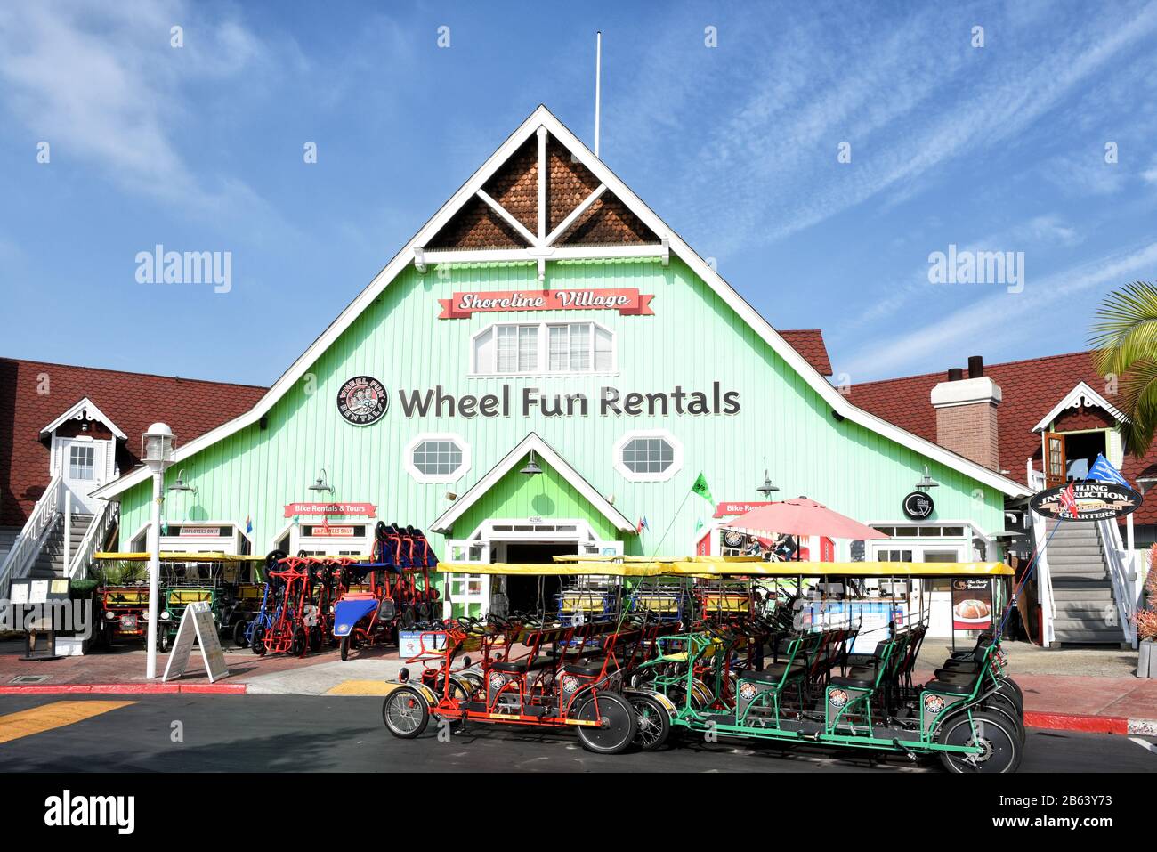 LONG BEACH, CALIFORNIA - 06 MAR 2020: Wheel Fun Rentals at Shoreline Village. Stock Photo