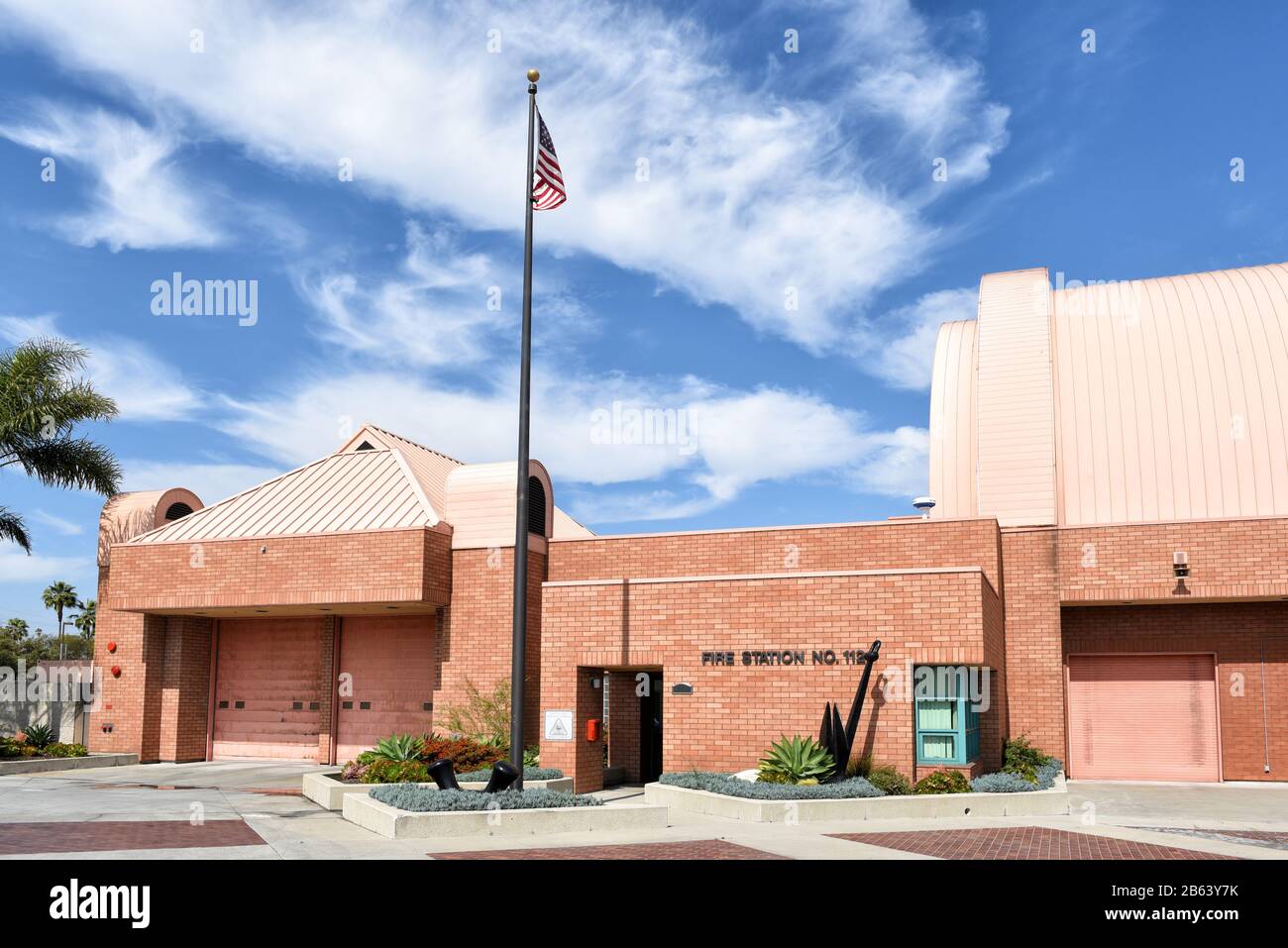LOS ANGELES, CALIFORNIA - 06 MAR 2020: Fire Station 112 was designed to shelter the Ralph J. Scott fireboat, a national historic landmark, while allow Stock Photo