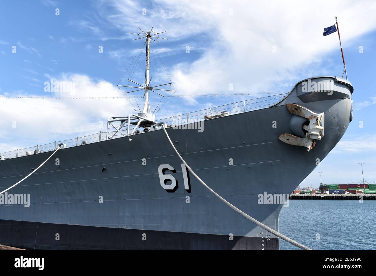 LOS ANGELES, CALIFORNIA - 06 MAR 2020: The bow of BB-61, the USS Iowa, a retired naval warship now a Maritime Museum. Stock Photo