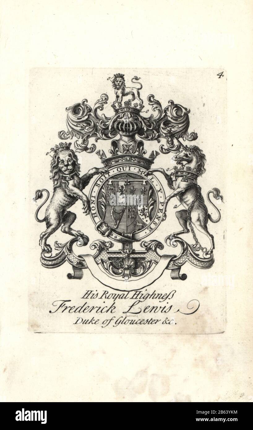 Coat of arms and crest of HRH Frederick Lewis, Duke of Gloucester, 1707-1751. Copperplate engraving by Andrew Johnston after C. Gardiner from Notitia Anglicana, Shewing the Achievements of all the English Nobility, Andrew Johnson, the Strand, London, 1724. Stock Photo