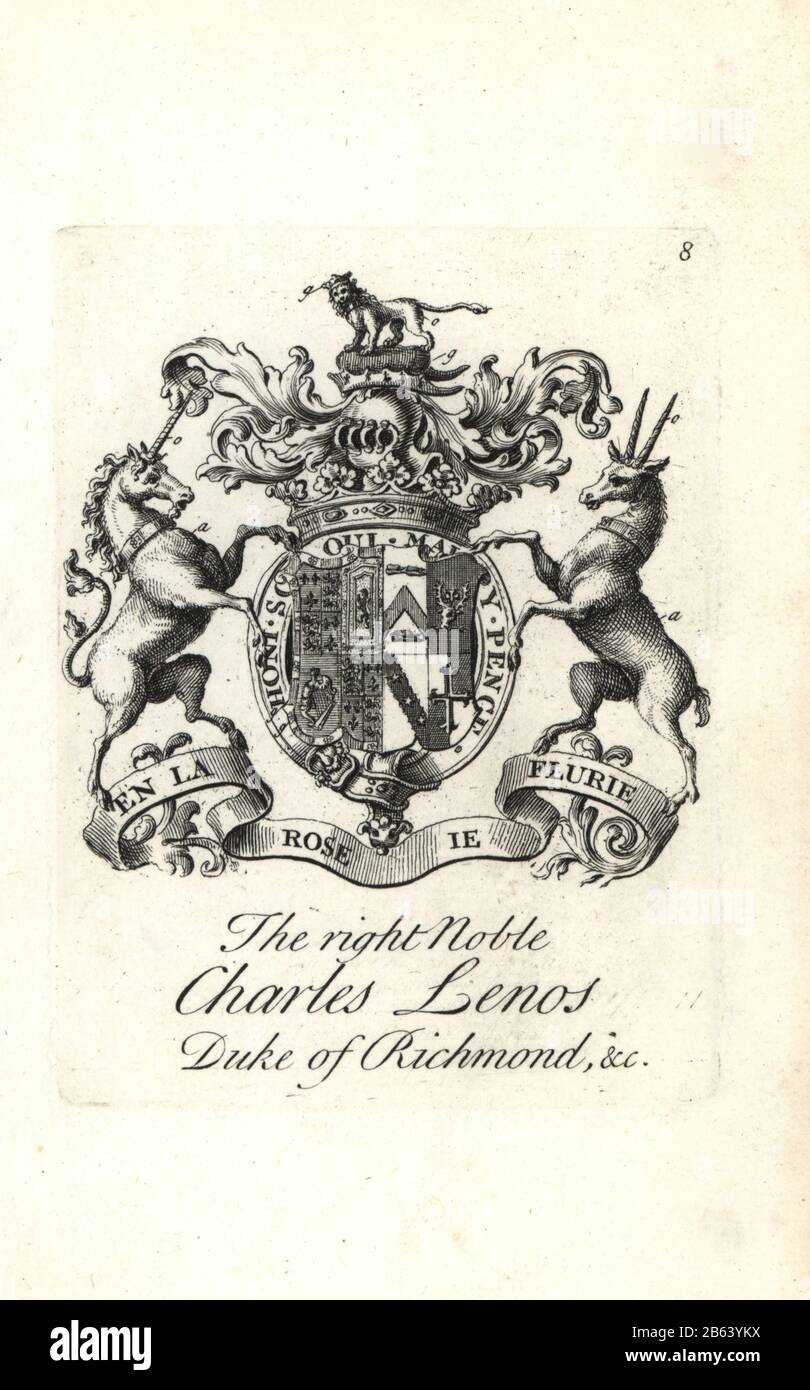 Coat of arms and crest of the right noble Charles Lenos or Charles Lennox, 1st Duke of Richmond, 1672-1723. Copperplate engraving by Andrew Johnston after C. Gardiner from Notitia Anglicana, Shewing the Achievements of all the English Nobility, Andrew Johnson, the Strand, London, 1724. Stock Photo