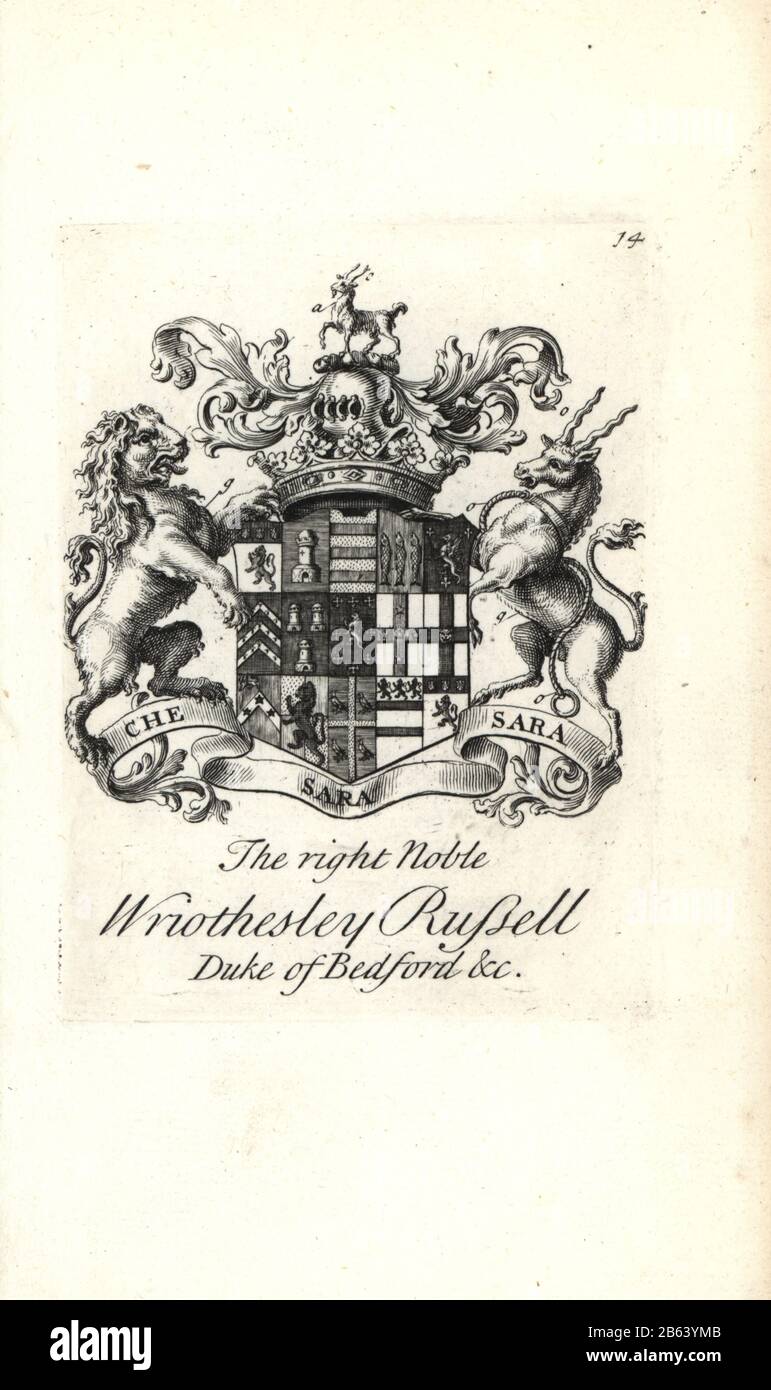 Coat of arms and crest of the right noble Wriothesley Russell, 3rd Duke of Bedford, 1708-1732. Copperplate engraving by Andrew Johnston after C. Gardiner from Notitia Anglicana, Shewing the Achievements of all the English Nobility, Andrew Johnson, the Strand, London, 1724. Stock Photo