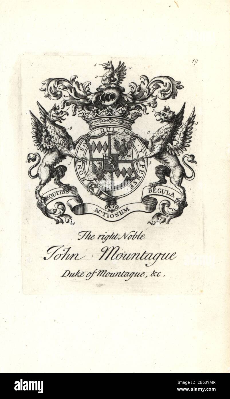 Coat of arms and crest of the right noble John Montagu, 2nd Duke of Montagu 1690-1749. Copperplate engraving by Andrew Johnston after C. Gardiner from Notitia Anglicana, Shewing the Achievements of all the English Nobility, Andrew Johnson, the Strand, London, 1724. Stock Photo