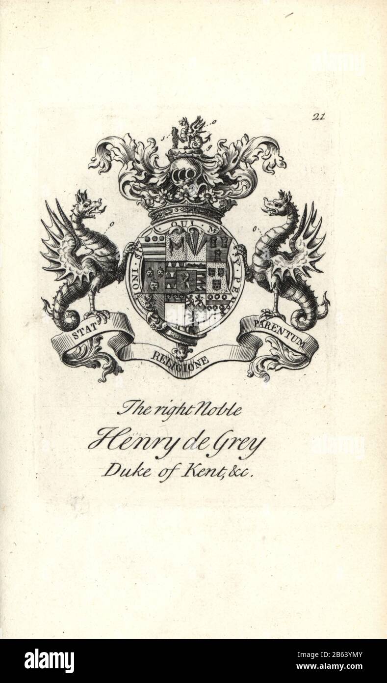 Coat of arms and crest of the right noble Henry de Grey, 1st Duke of Kent,  1671-1740. Copperplate engraving by Andrew Johnston after C. Gardiner from  Notitia Anglicana, Shewing the Achievements of