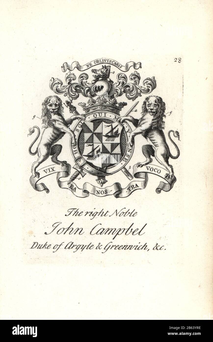 Coat of arms and crest of the right noble John Campbell, 2nd Duke of