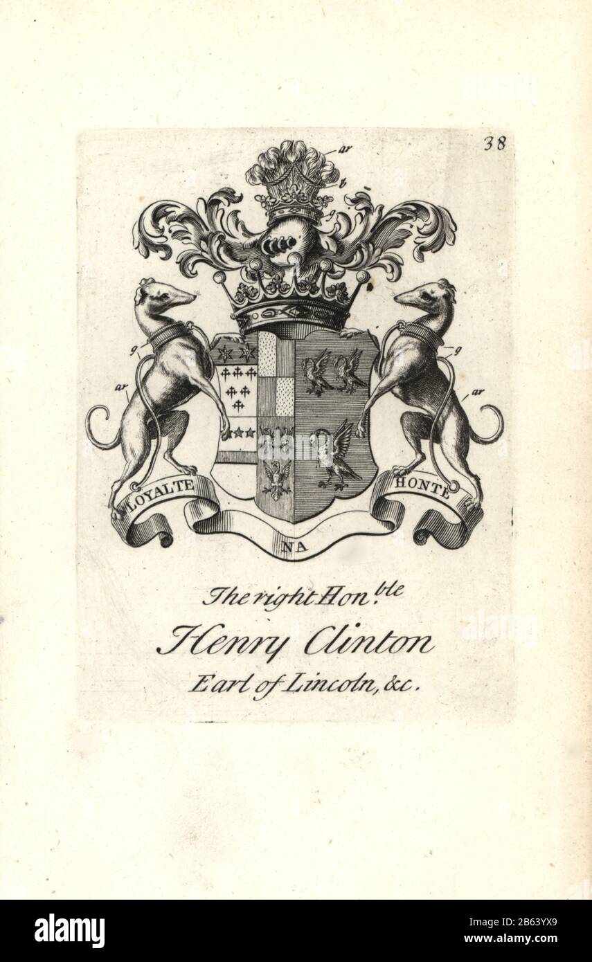 Coat of arms and crest of the right honorable Henry Clinton, 7th Earl of Lincoln, 1684-1728. Copperplate engraving by Andrew Johnston after C. Gardiner from Notitia Anglicana, Shewing their Achievements of all the English Nobility, Andrew Johnson, the Strand, London, 1724. Stock Photo