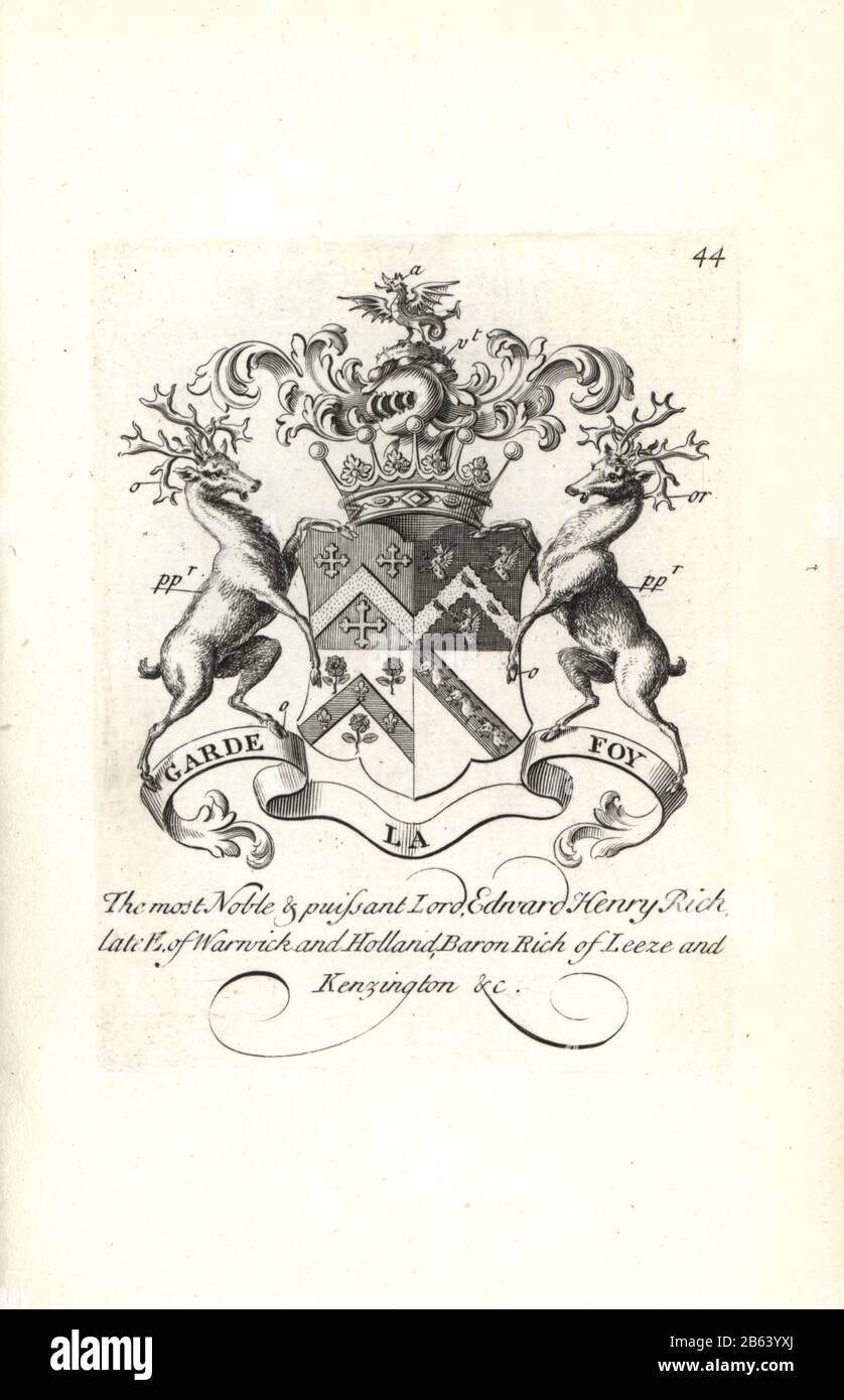 Coat of arms and crest of Lord Edward Henry Rich, 7th Earl of Warwick and Holland, Baron RIch of Leeze and Kensington, 1698-1721. Copperplate engraving by Andrew Johnston after C. Gardiner from Notitia Anglicana, Shewing their Achievements of all the English Nobility, Andrew Johnson, the Strand, London, 1724. Stock Photo