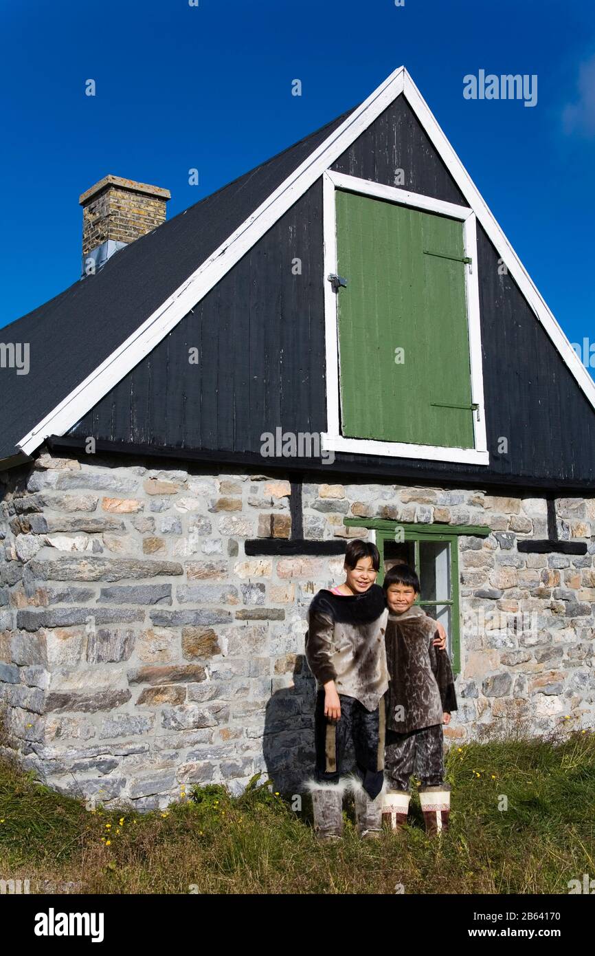 Native children wearing Seal skin clothing, Museum in Nanortalik Port