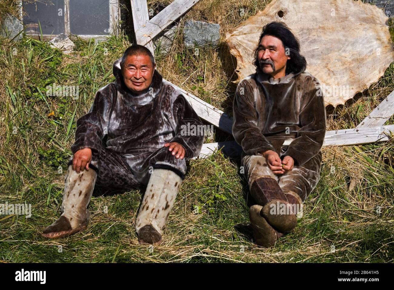 Native men wearing Seal skin clothing, Museum in Nanortalik Port