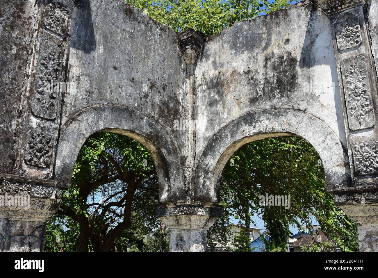 Preserved stone ruin of building on premises of Ujung Water Palace in Bali. Stock Photo