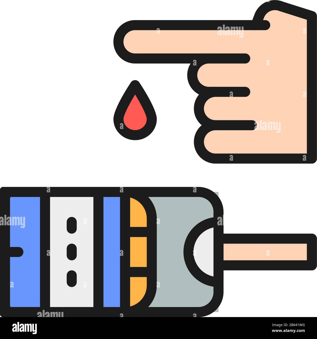 Blood sugar test, glucometer, glucose, diabetes flat color line icon. Stock Vector