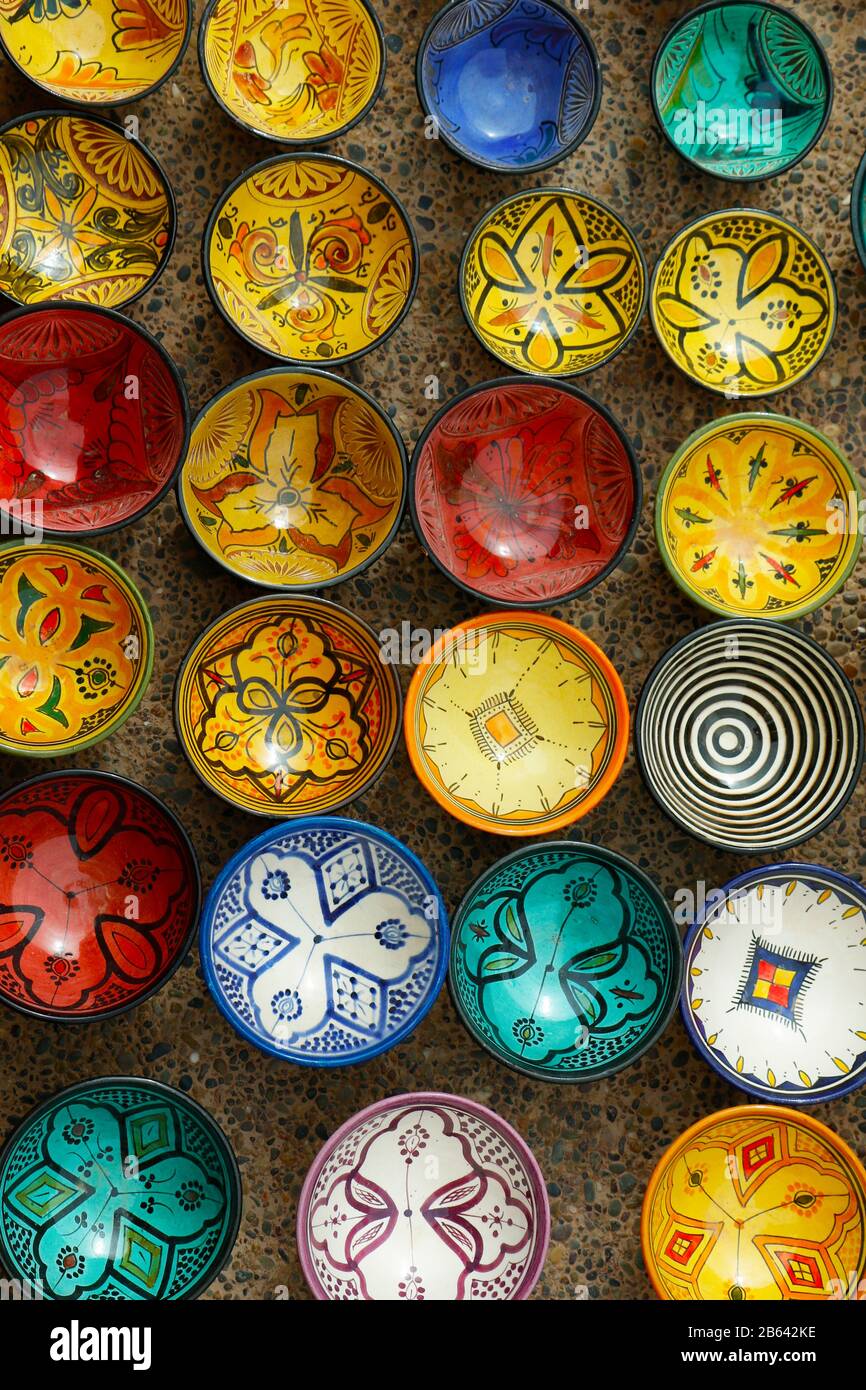 assortment of colorful tajine plate sold in the médina of Marrakech -Morocco Stock Photo