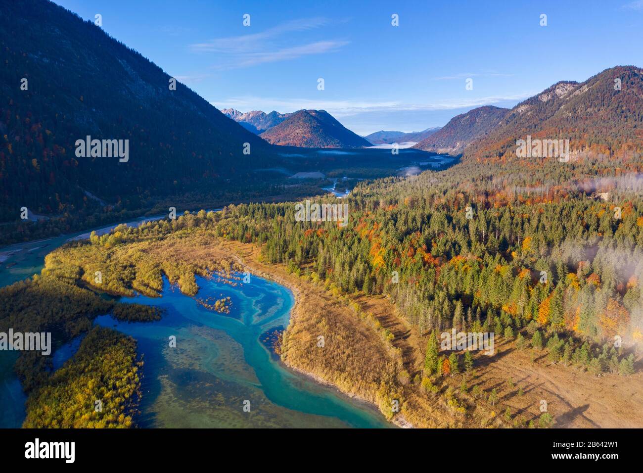 Isar river at the inflow into the Sylvenstein lake, in autumn, near Lenggries, Isarwinkel, aerial view, Upper Bavaria, Bavaria, Germany Stock Photo