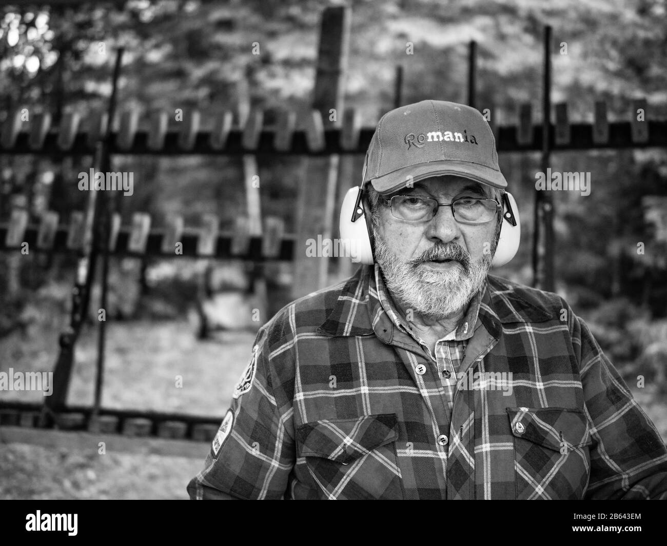 My old man, balltrap, shooting range practice with shotgun Stock Photo