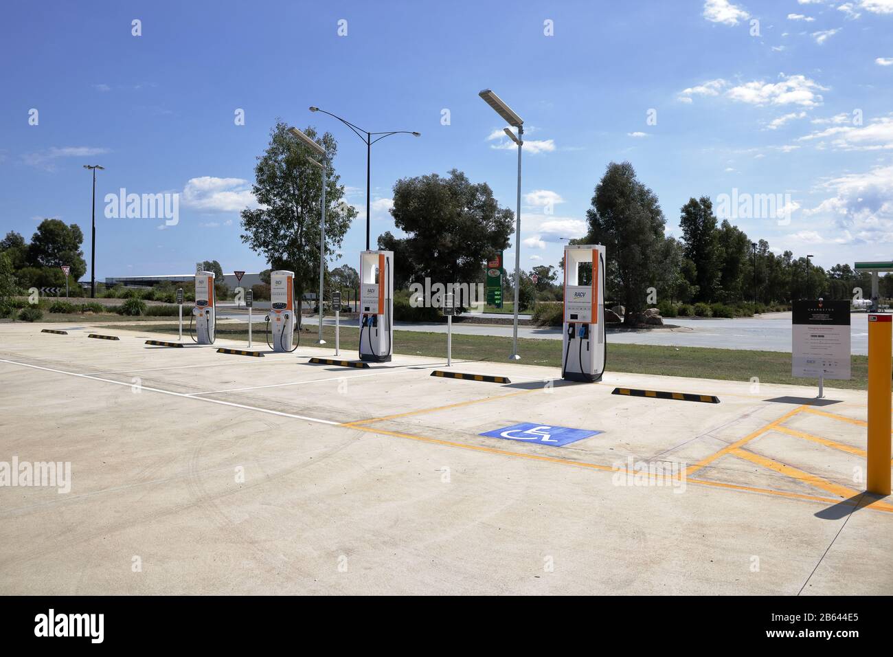 Electric car charging station powered by Solar and Battery backup, provided by RACV and CHARGEFOX, located at Barnawartha North BP service station VIC. Stock Photo