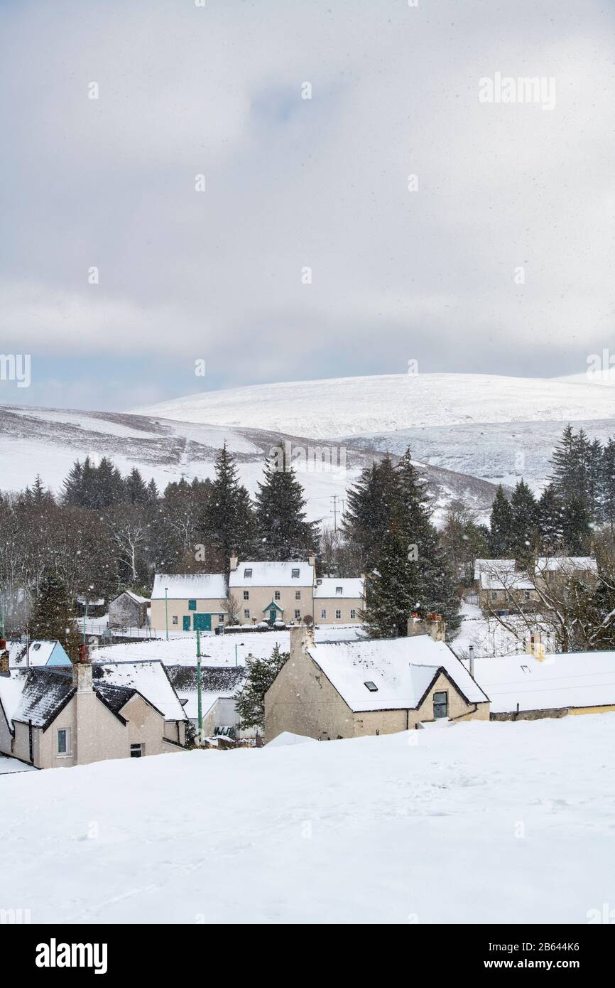 Leadhills village in the early morning snow during Storm Jorge. Scotlands second highest village. South Lanarkshire, Scotland Stock Photo