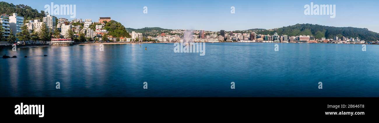 Oriental Bay and Wellington city, New Zealand on a calm Summer's morning. Stock Photo