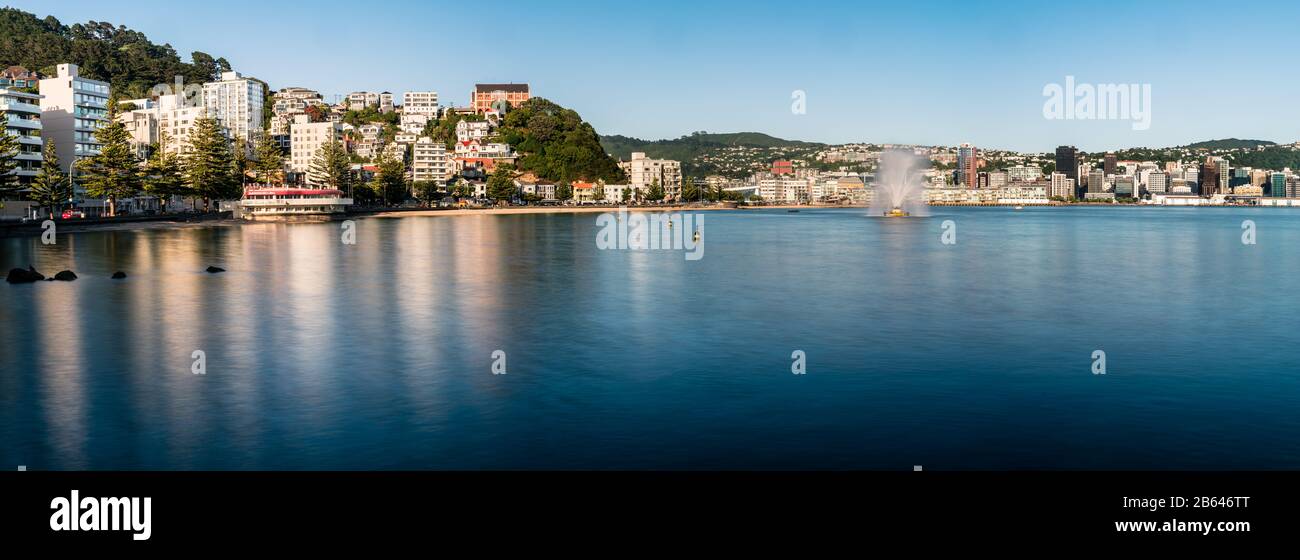 Oriental Bay and Wellington city, New Zealand on a calm Summer's morning. Stock Photo