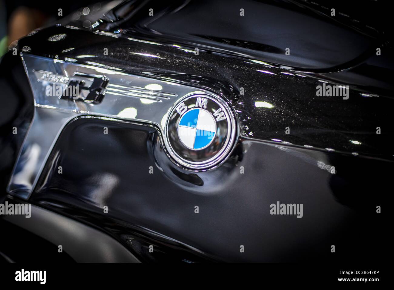 Detail of motorcycle logo. Close-up of BMW logo. Stock Photo