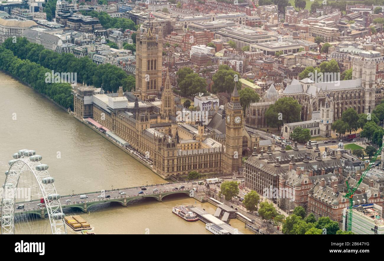 Helicopter view of Houses of Parliament and Westminster area, London - UK. Stock Photo