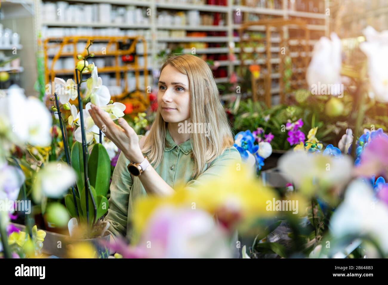 young woman choosing orchid flower at garden center Stock Photo