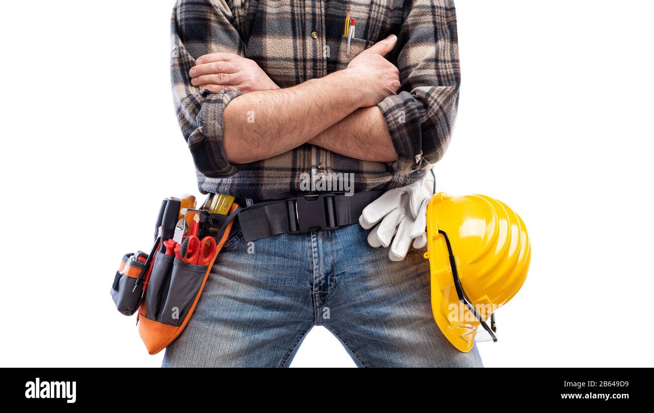 Electrician with arms crossed. Construction industry, electrical system. Isolated on a white