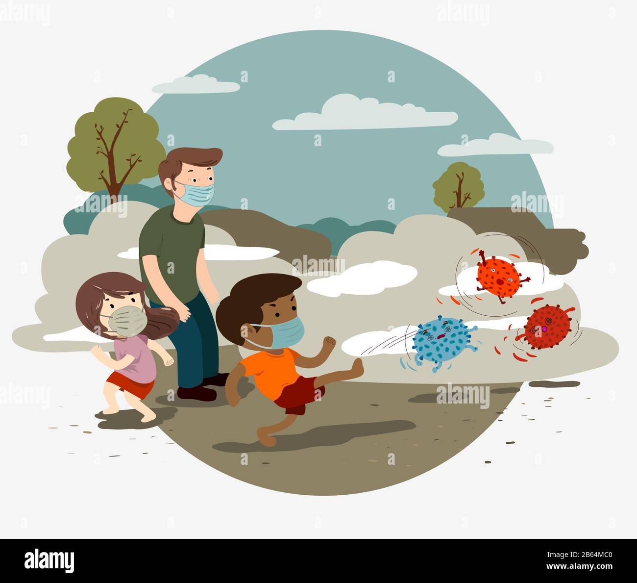 Fight against virus, covid-19, group of people wearing face mask, boy kicks away virus characters. Vector illustration Stock Photo