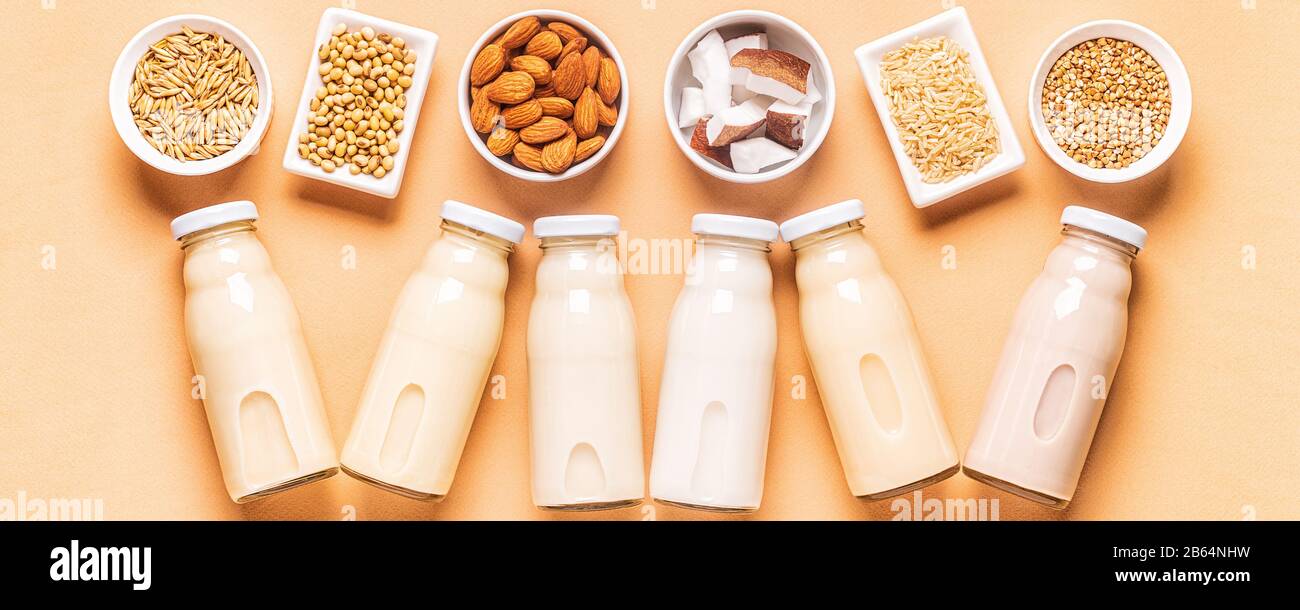 A bottles of alternative milk and ingredients, top view Stock Photo Alamy