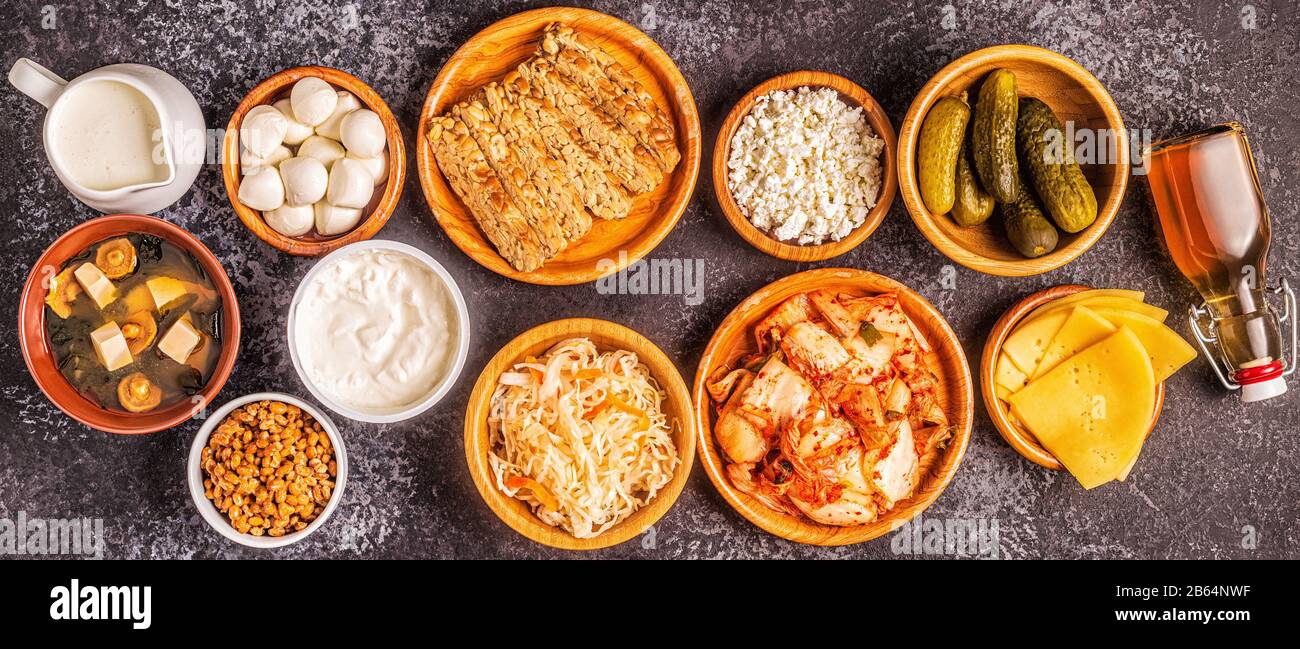 Fermented food, probiotics kefir, kombucha, sauerkraut, pickles, miso soup, tempeh, natto