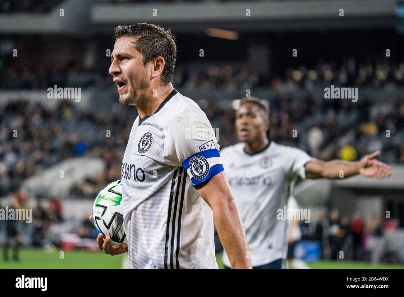Philadelphia Union midfielder Alejandro Bedoya (11) reacts to a call during a MLS soccer matcha gainst the LAFC, Sunday, March 8, 2020, in Los Angeles, California, USA. (Photo by IOS/Espa-Images) Stock Photo