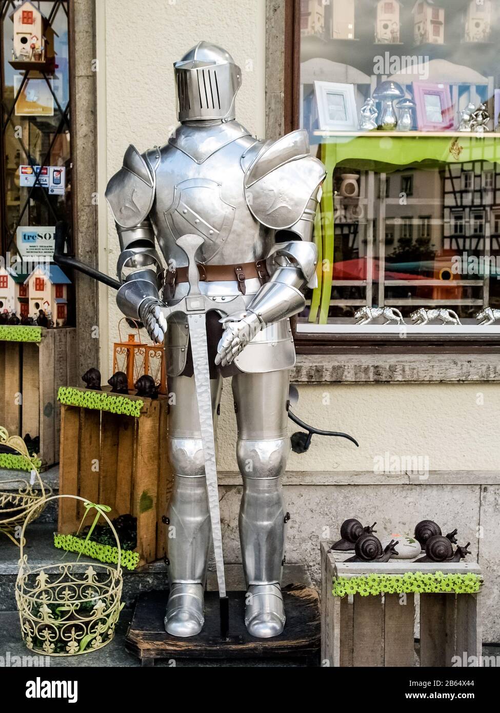 Knight armor as decoration in front of a souvenir shop in Linz am Rhein ...