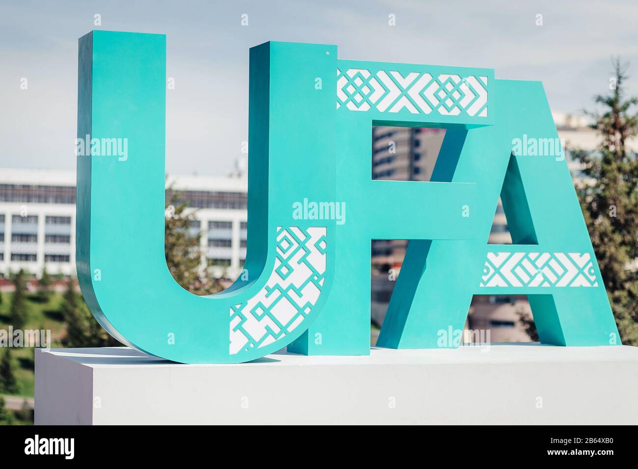 Ufa letters in the center of the capital of the Republic of Bashkortostan Stock Photo