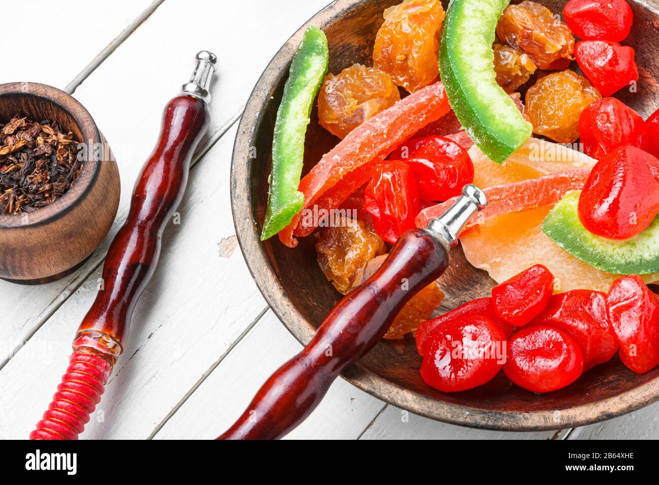 Shisha with dried fruits.Smoking hookah or shisha with tobacco aroma of ...