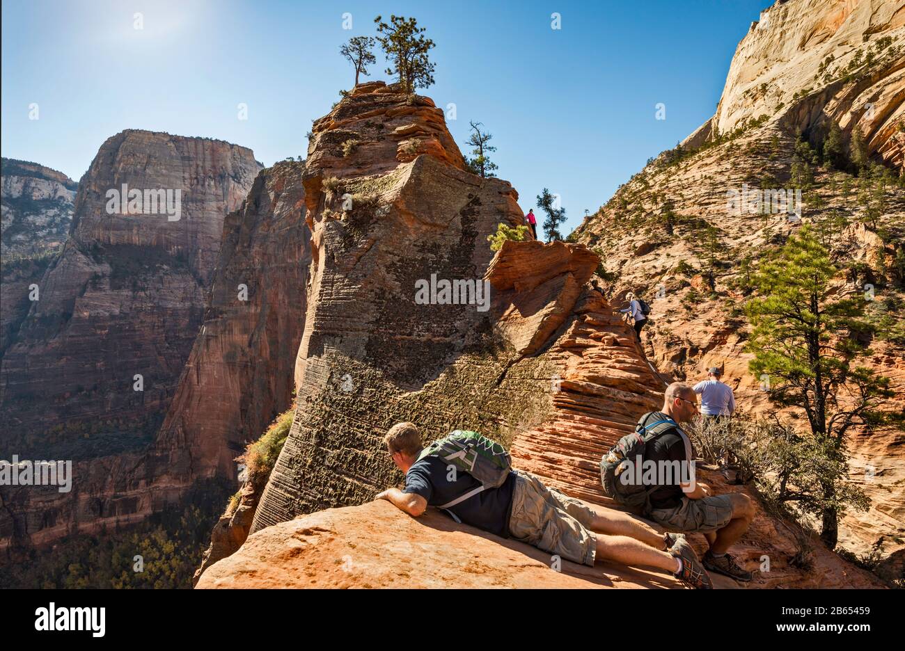Hikers at Angels Landing Trail, final ascent near Scout Lookout, Zion
