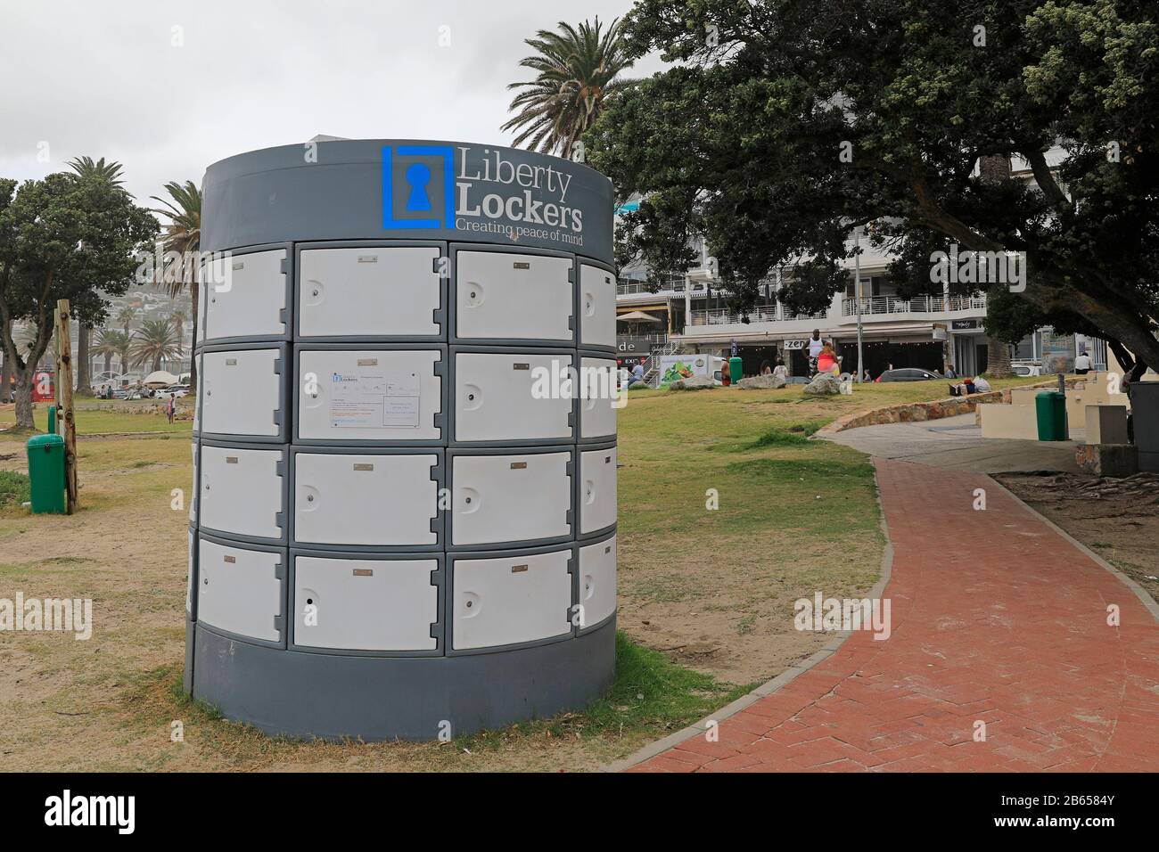 Liberty Lockers individual secure lockers with usb charging ports availabe on  Camps Bay beach, Cape Town, South Africa. Stock Photo