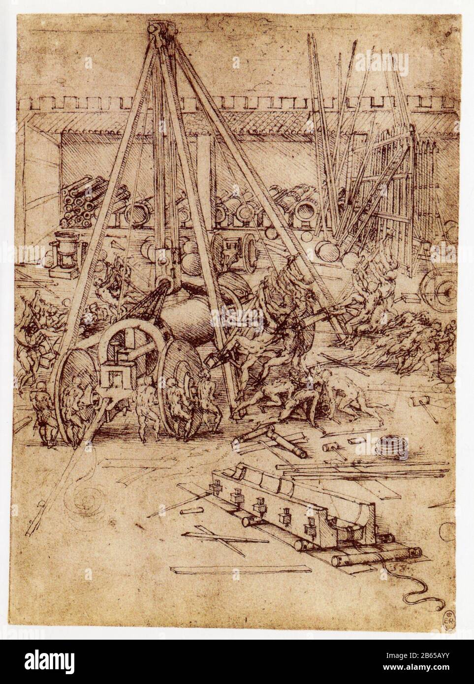 Leonardo da Vinci. Drawings of military machines. 1487-1490 Stock Photo