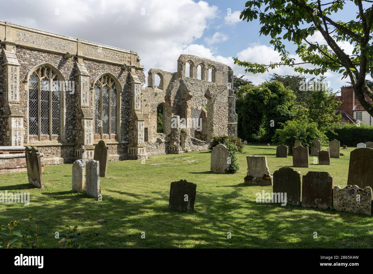 Exterior of the church of St Andrew in the village of Walberswick, Suffolk, UK; a  17th century building sitting with the ruins of an earlier church. Stock Photo